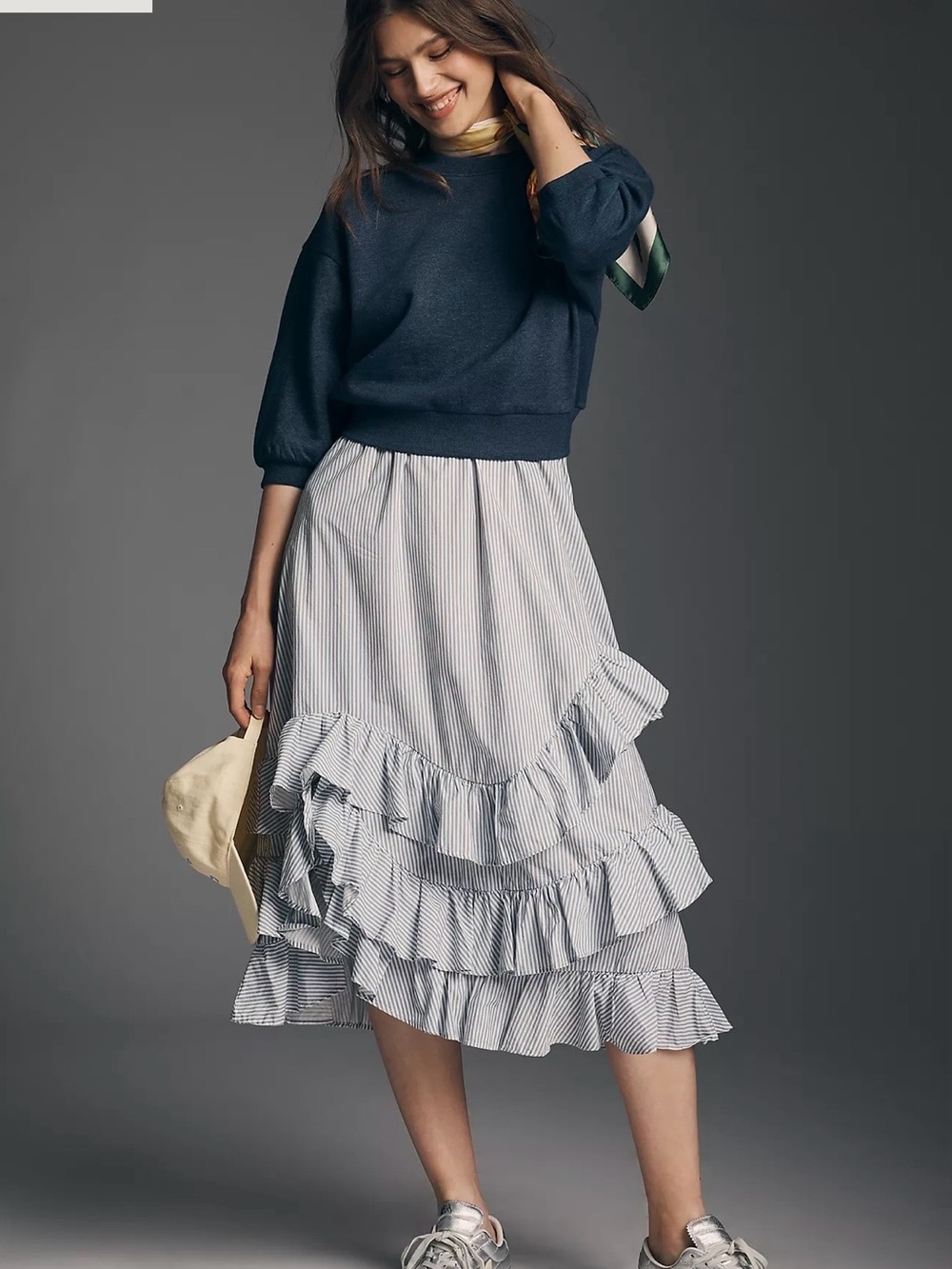 Anthropologie Blue and White Striped Ruffle Midi Skirt